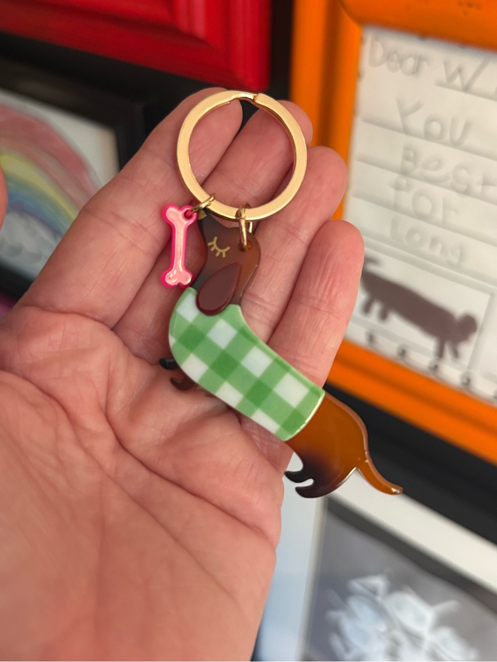 Dachshund Acrylic Keychain with Green Checkered Sweater